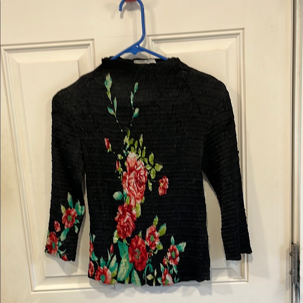 Floral Black Top with Red and Green Accents